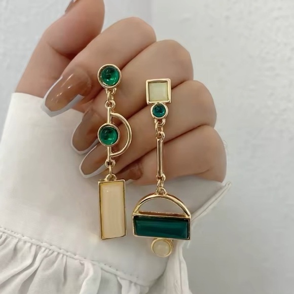 Anthropologie Gold and Green Asymmetrical Geometric Earrings - Picture 1 of 13